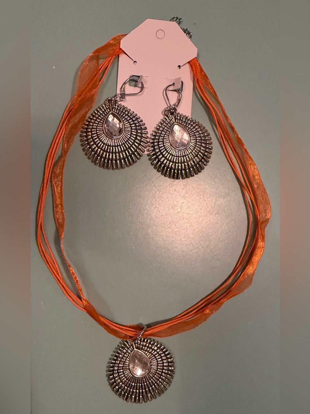 Silver Teardrop Sunburst & Crystal Pendant Necklace - on Orange Ribbon & Cords
